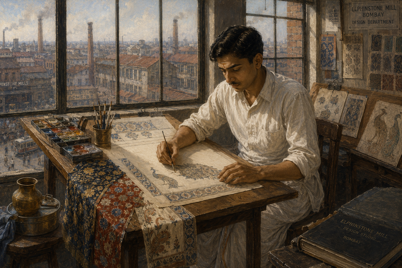 Illustration of textile artist Aba Kanade working at a drawing table in Bombay