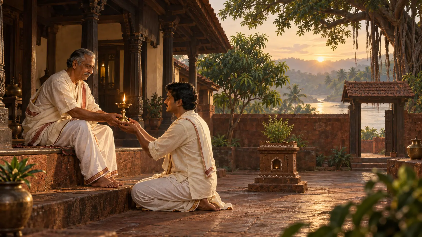 An elder passing a lit brass lamp to the next generation in a Rajapur courtyard