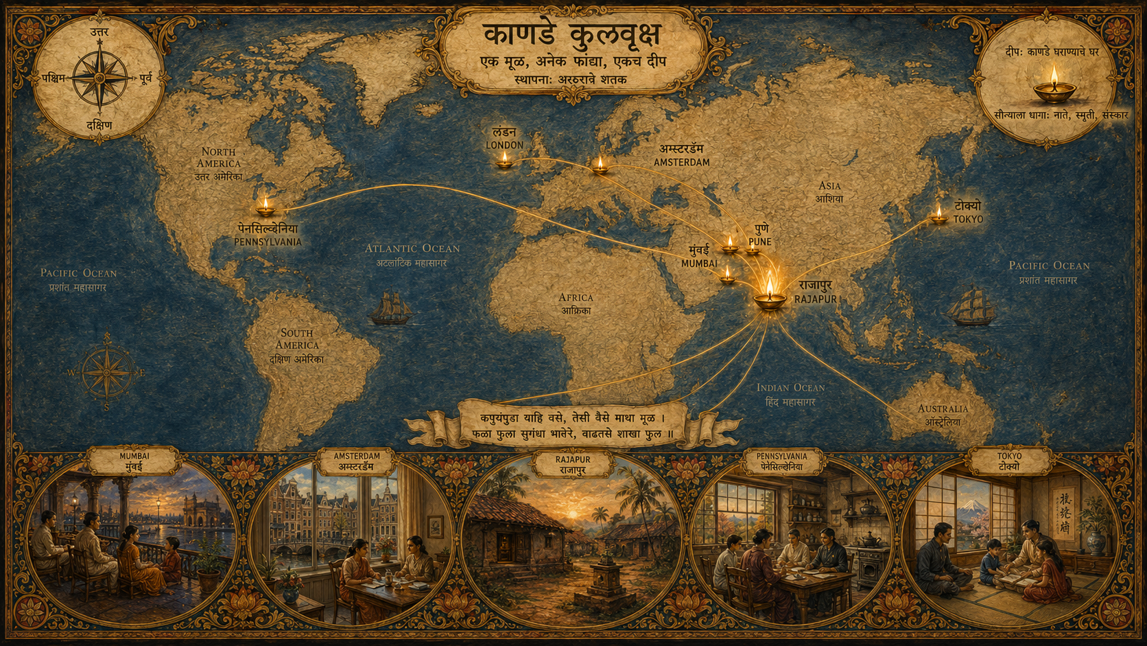 Illustrated world map showing branches of the Kanade family across India, Europe, America and Japan