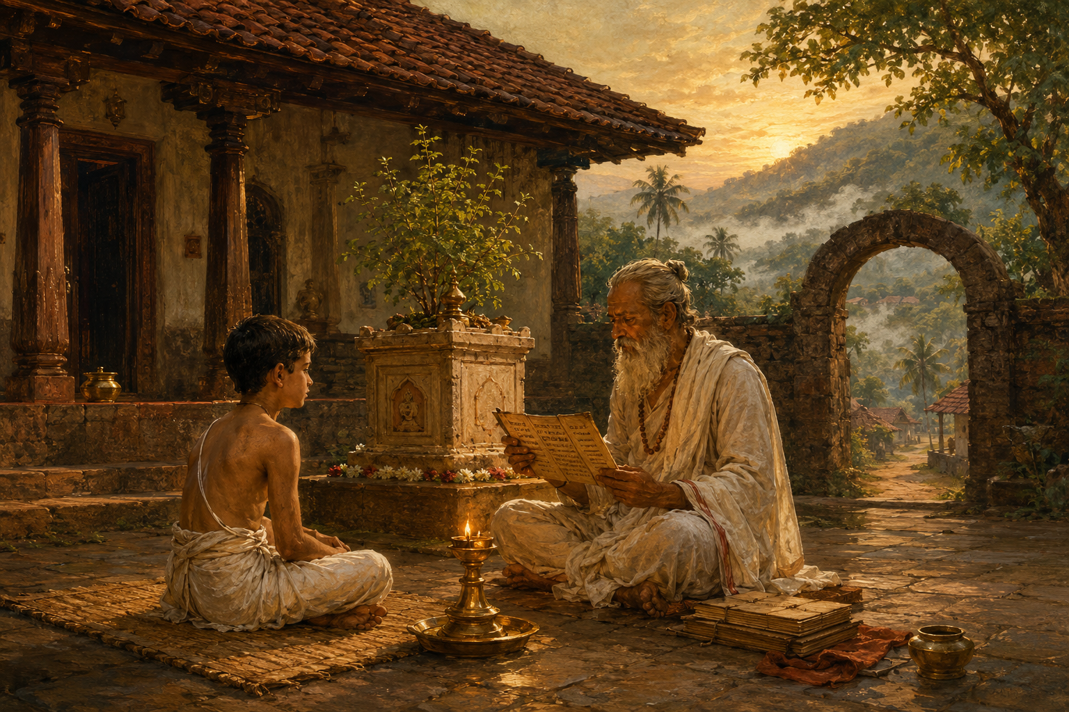 An illustrated Konkan courtyard at sundown, with a young student beside a tulsi shrine