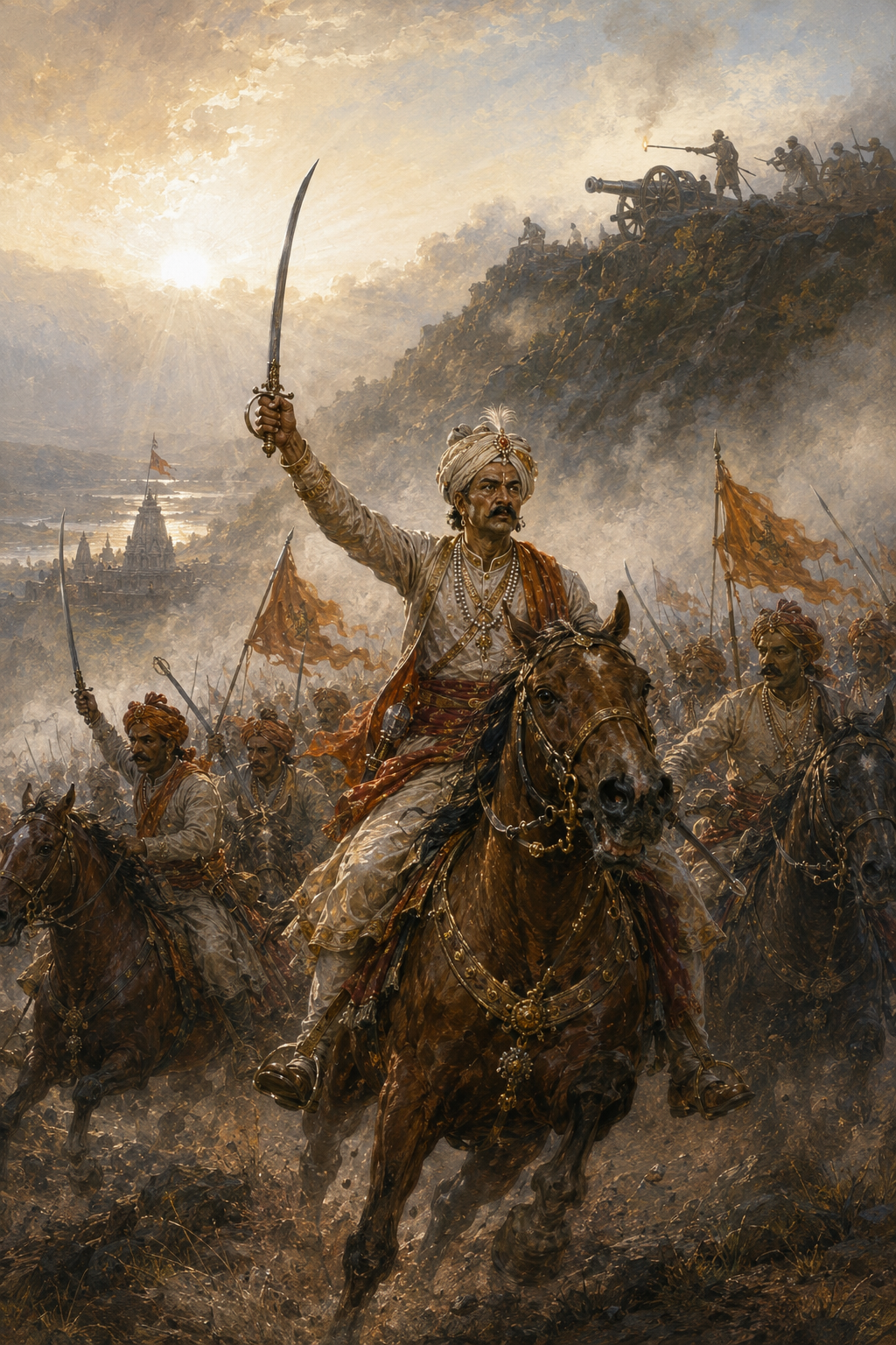 Illustration of a Maratha cavalry commander leading a charge through the mist