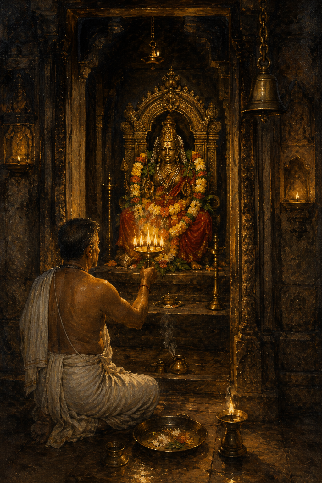 Illustration of evening worship inside a Konkan temple
