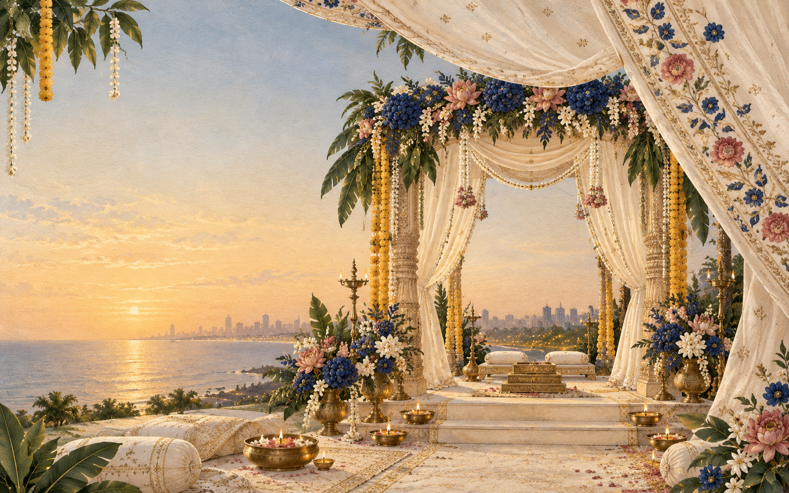 An illustrated ceremonial mandap overlooking the Mumbai coast at sunrise